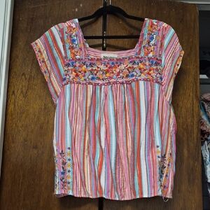 Savanna Jane Multicolor Striped Blouse with Floral Embroidery